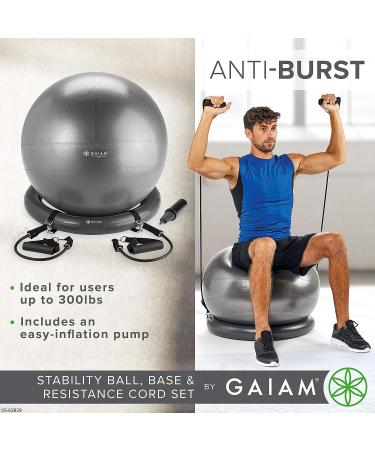 Gaiam Essentials 65cm Balance Ball & Base Kit | Yoga Ball Chair with Air Pump | Exercise Ball for Home or Office Desk | Grey with Resistance Cord - Buy Online on GoSupps.com