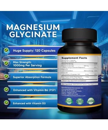 Magnesium Glycinate 1000mg with Vitamin D3 & B6-500mg per Capsule - Pure Elemental Mag Supplement Complex for Sleep Muscle Bone Health - Replace Gummies Tablets & Powder - 120 Capsules - Buy Online on GoSupps.com