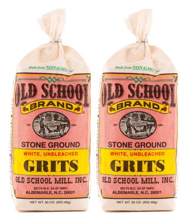 Old School Brand Stone Ground White Corn Grits Non-GMO 30 Ounce Bags (Pack of 2)