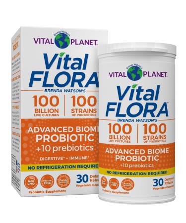 Vital Planet - Vital Flora Advanced Probiotic 100 Billion CFU 100 Diverse Strains 10 Organic Prebiotics Immune Support Digestive Health Shelf Stable Probiotics for Women and Men 30 Capsules