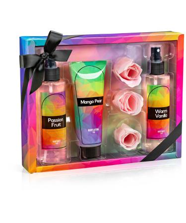 Fine Fragrance Body Mist & Body Splash Gift Set Luxury Self-Care Combo for Women and Girls (Passion Fruit Warm Vanilla Mango Pear Rose Soap) Valentines Gift for Women Passion Fruit Warm Vanilla Mango Pear 6-piece
