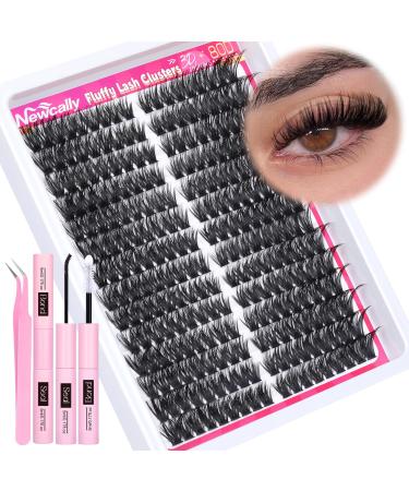 Fluffy Lash Clusters Kit Wispy Lash Extension Kit 80D Eyelash Clusters Kit D Curl Thick Volume DIY Eyelash Extension Kit 9-16MM Faux Mink Cluster Lashes Kit by Newcally Lashes-Fluffy 80D
