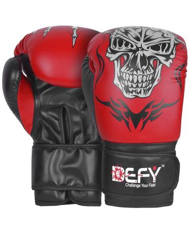 Defy Sports Boxing Gloves for Men and Women - Premium Quality Faux Leather Kick Boxing Gloves  Gel Infused Kickboxing Gloves with Thumb Support - Versatile Usage  Skull Model Design Red 10 oz