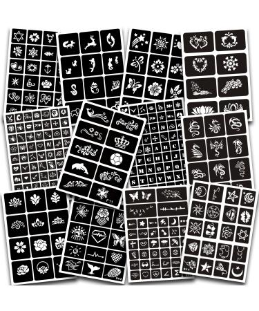 12 Sheets Henna Tattoo Stencils Kit Reusable for Women Girls and Kids  300+ PCS Tattoo Templates Temporary Indian Arabian Glitter Airbrush Tattoo Stencils for Face Body Paint DIY
