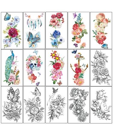 Yazhiji Large Waterproof Temporary Tattoos | Flowers Collection | 15 Sheets | Men Women | 19x9 CM - Buy Online on GoSupps.com