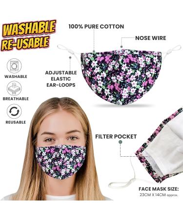 Face Mask Washable UK for Women with Nose Wire 3 Layers Pure Cotton Face Masks for Glasses Wearers | Reusable | Breathable | Filter Pocket | Adjustable air loops (2 x Masks) (Floral - W) - Buy Online on GoSupps.com