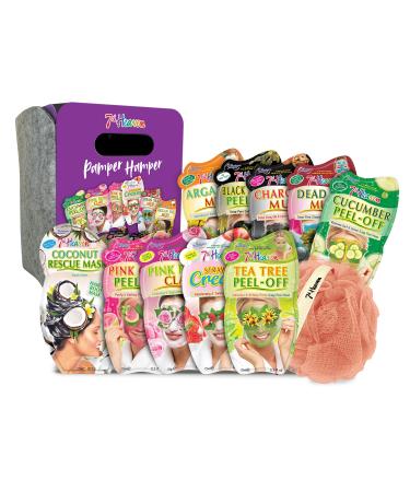 7th Heaven 'Pamper Hamper' Skincare Gift Set - Includes 10 Masks  Exfoliating Body Puff and Felt Cube - Peel-Off  Mud  Cream and Hair Masks - Cleansing  Moisturising and Hydrating