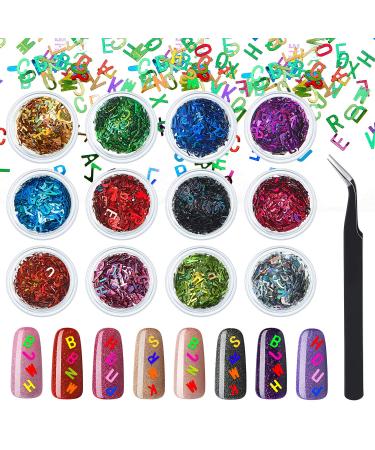 12 Colors 3D Letter Nail Glitter Sequins Holographic Laser English Alphabet Nail Sequins with Curved Tweezers for DIY Face Nail Design Decoration