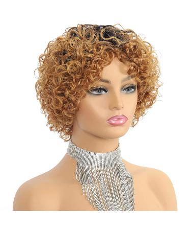 Brown 1B30 Short Curly Wig for Black Women - 8 inch Human Hair Highlights Wig with Bangs - Machine Made Natural Curls for Middle Aged Women - Buy Online on GoSupps.com