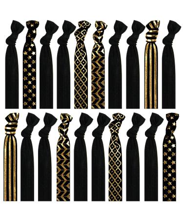 Syleia 20 Hair Ties - Black with Gold Prints- Elastic Ponytail Holders No Crease Hand Knotted Fold Over 20 Pack