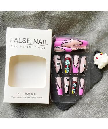 French Tip Halloween Press-On Nails | Pink Matte False Nails with Spider Web Skull & Bat Designs Full Cover Stick-On Nails for Women & Girls - Buy Online on GoSupps.com
