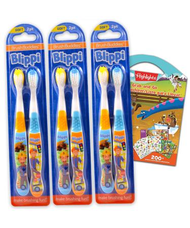 Kali Dreams Blippi 6-Pack Toothbrush Bundle Kids Soft Toothbrush Set Blippi Bathroom Dental Care with Highlights Grab and Go Activity Book (Blippi Toothbrush Set)