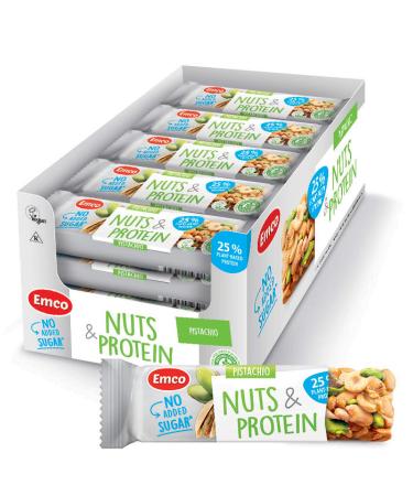Pistachio Nuts & Protein Bars by Emco | Keto Snacks | Gluten Free, Low Carb, No Added Sugar, Vegan, Kosher | Plant-Based Protein Snack | 20 Individually Wrapped Snack Bars Pistachio Single Pack