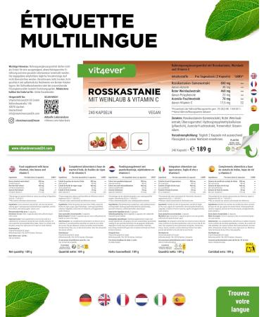 Extrait de marron d'Inde - 240 g lules - Hautement dos avec 1330 mg d'extrait par portion journali re - Marron d'Inde avec feuilles de vigne & vitamine C d'ac rola - Sans additif ind sirable v g tal - Buy Online on GoSupps.com