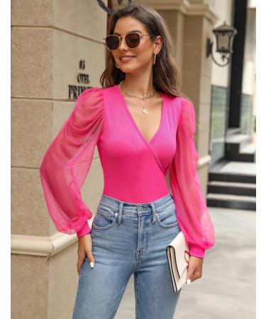 Fayenne Womens Tops Deep V Neck Cross Wrap Sexy Tops Polka Dot Mesh Long Sleeve T Shirt Casual Blouses XXL Hot Pink - Buy Online on GoSupps.com