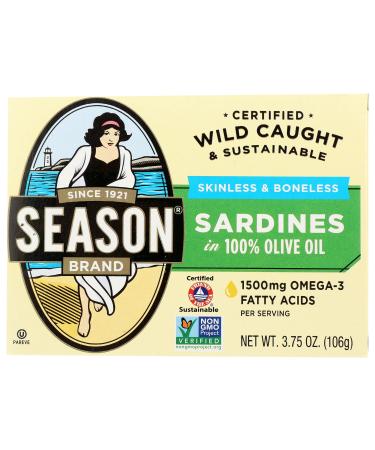 Season Brand Skinless and Boneless Sardines in Olive Oil, 3.75 oz