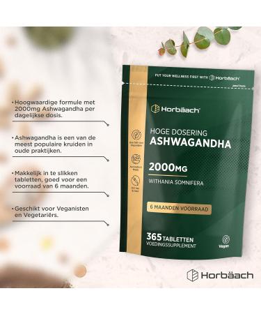 Ashwagandha 2000mg 365 Vegan Tablets Supplement for Men and Women 6 Months Delivery Horbach - Buy Online on GoSupps.com