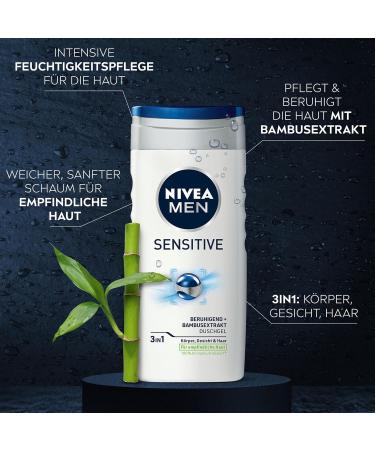 Nivea Men Sensitive Shower Gel 250ml - pH-Friendly Care for Body Face & Hair - Bamboo Extract - 5-Pack - New Version - Buy Online on GoSupps.com