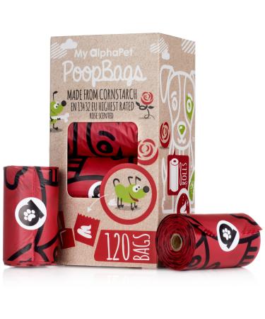 Compostable Dog Poop Bags Cornstarch Eco-Friendly Home Compost NF T 51-800 120 Count Large Size Bag 9x13 Inches 8 Unscented Refill Rolls Leak-Proof Plantbased GM-Free Corn 1 count (Pack of 120) Rose Scented Red