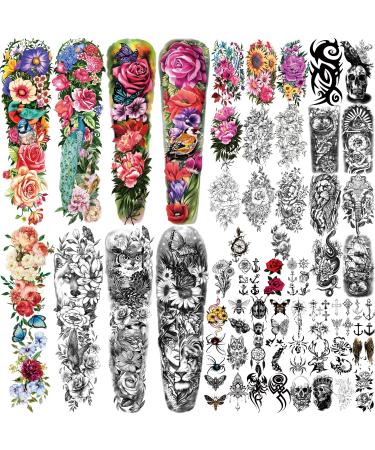 55 Sheets Temporary Tattoo for Men and Women  8 Full Arm Fake Tattoos  17 Half Arm Fake Skull Flower Tattoos  30 Tiny for Adults Kids Body Shoulder Tattoos Stickers Waterproof Realistic Long-Lasting