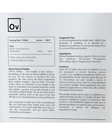 Iron Tablets 34mg for Blood Health and Anemia | High Strength Formula for General Well Being | 120 Tablets by Oxford Vitality - Buy Online on GoSupps.com