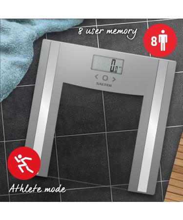 Salter 9182 SV3R Glass Analyser Bathroom Scale 150 kg Max Capacity Digital Weighing Scales For Body Weight/Fat/Water Muscle/Bone Mass BMI 8 User Memory Athlete Mode Easy to Read Display Silver Silver 8 User Memory - Buy Online on GoSupps.com