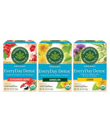 Traditional Medicinals Organic Everyday Detox Tea Sampler 1 EveryDay Detox Schisandra Berry 1 EveryDay Detox Dandelion 1 EveryDay Detox Lemon 16 Tea Bags Per Box (3 CT)