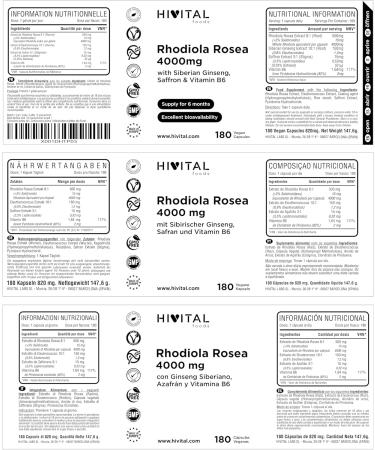 Rhodiola Rosea 4000 mg. 180 vegan capsules for 6 months of treatment. Rhodiola with 3% Salidr sides with Siberian Ginseng Saffron and Vitamin B6. - Buy Online on GoSupps.com
