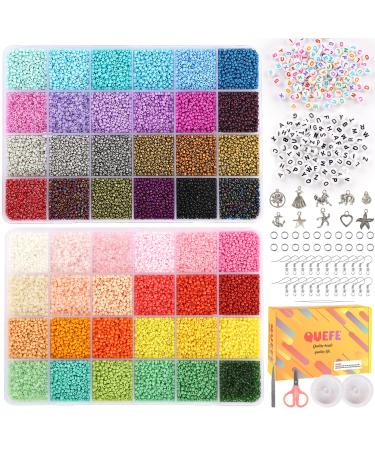 QUEFE 40000pcs 2mm Glass Seed Beads for Jewelry Making Kit  440pcs Letter Beads 100pcs Smiley Face Beads & 100pcs Evil Eye Beads for Bracelets Necklace Ring Making DIY Art Craft Gifts