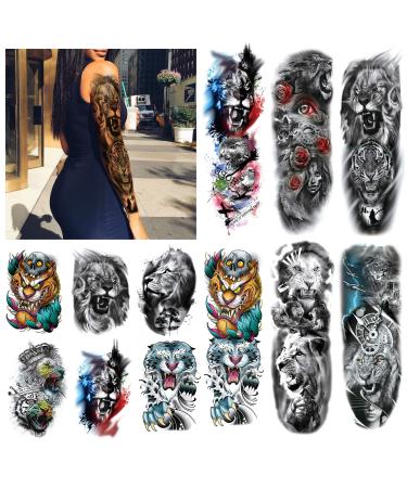Kotbs 12 Sheets Full Arm Temporary Tattoos for Man Women Fake Arm Sleeve Tattoo Lion Tiger Tattoo Sticker for Halloween Party Masquerade
