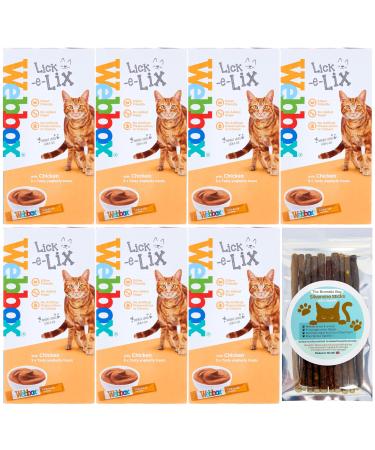 Cat Treats bundle contains Lick e Lix Chicken Webbox Licky Lix Kitten Treats and Snacks Lick-e-Lix Pack of 7 x 5's - Total 35 x 15g sachets and our Silvervine Chew Sticks