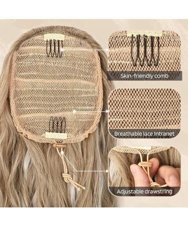 FLUFYMOOZ 26 Drawstring Ponytail Extension - Ash Brown with Blonde Highlights - Long Curly Wavy Synthetic Hairpiece for Women - Buy Online on GoSupps.com