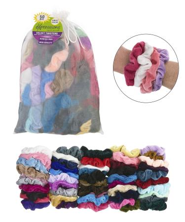 Expressions 50-Piece Scrunchie Value Pack - Assorted Colors in Drawstring Bag | Damage-Free Hair Ties for Girls | Colorful Ponytail Holders Set - Buy Online on GoSupps.com