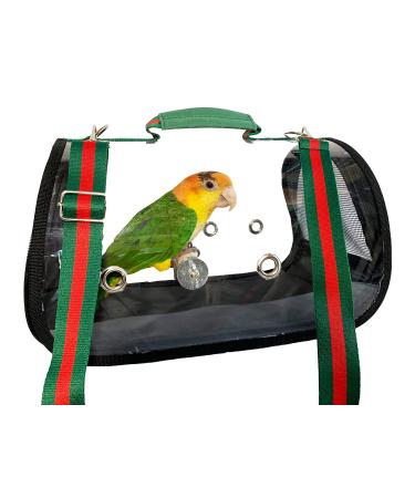 Birds LOVE Small Bird and Small Dog and Cat Carrier with Clear Sides, Perch, Green and Red Shoulder Strap and Handle