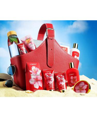 Fathers Day Japanese Cherry Blossom Spa Gift Set - 25Pcs Luxury Bath & Shower Package for Women in Leather Tote Bag - Buy Online on GoSupps.com