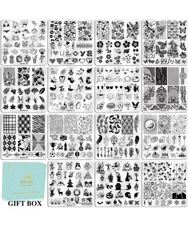 Biutee Nail Stamping Plates set 15 pcs Nail Art Stamper Nail Stamp Template Kit Scraper Storage Bag Gift Box Lace Flower Butterfly Star Holiday Sports Design Nail Image Plate - Buy Online on GoSupps.com