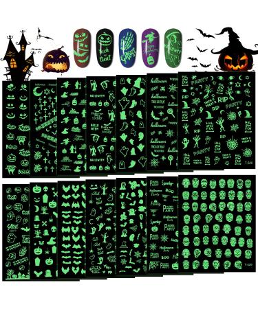 14 Sheets Halloween Nail Art Stickers Decals, EBANKU Luminous Halloween Nail Decals Self-Adhesive Glow in Dark Nail Stickers Pumpkin Bat Ghost Designs DIY Nail Art Decoration for Women Girls