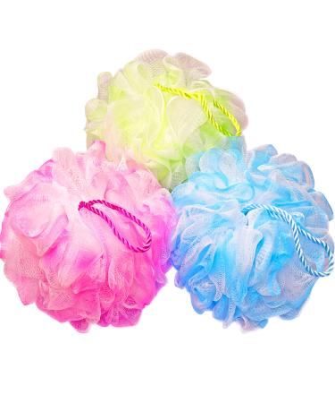 3 Pack Bath Sponge Shower Loofahs Balls 75g/PCS for Body Wash Bathroom Men Women-(Blue Pink Green)