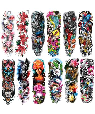 Colorful Sleeve Tattoos Stickers  Full Arm Temporary Tattoos Sleeves  Fake Watercolor Body Art Arm Tattoo for Kids Women Makeup  12-Sheet