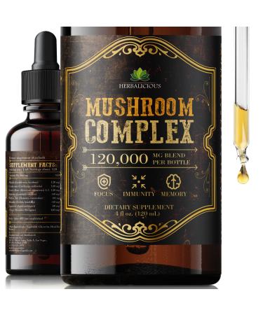 HERBALICIOUS Mushroom Complex Supplement 8 Mushroom Blend for Focus Memory & Immune Support High Potency 120 000mg Mushroom Supplement with Lion s Mane Reishi Cordyceps Chaga 4 fl oz