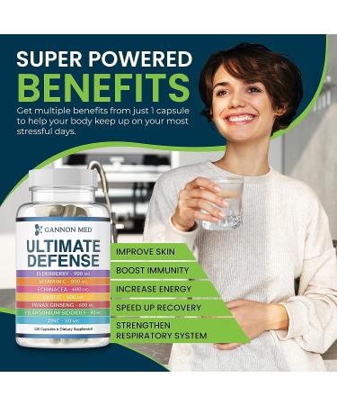 GANNON MED Ultimate Defense Immunity Vitamins | 120 Capsules for Adults & Kids | Elderberry, Vitamin C, Echinacea, Garlic, Ginseng, Zinc | Immune Support - Buy Online on GoSupps.com