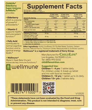 ChildLife Elderberry Super-Immune SoftMelts - Natural Berry Flavor - 27 Tablets for Kids' Health - Buy Online on GoSupps.com