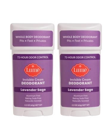 Lume Natural Deodorant - Underarms and Private Parts - Aluminum Free, Baking Soda Free, Hypoallergenic, and Safe For Sensitive Skin - 2.2 Ounce Cream Stick Two-Pack (Lavender Sage)