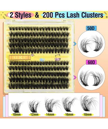 ALICE Lash Extension Kit Fluffy Volume 50D 60D Lash Clusters Kit Wispy 10-18mm D Curl Individual Lashes DIY Eyelash Extension Kit 200Pcs Eyelash Clusters with Lash Glue Bond and Remover Tweezers C - Fluffy 50D+60D Kit - Buy Online on GoSupps.com