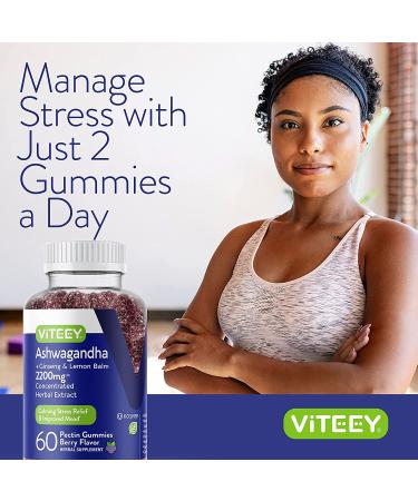 Extra Strength Ashwagandha Gummies 2200mg with Ginseng & Lemon Balm for Anxiety Relief - Vegan Sleep Aid & Stress Support Gummy Chews - Buy Online on GoSupps.com
