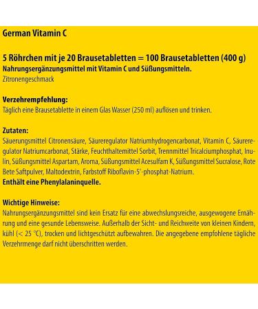 Buy T&D Pharma Vitamin C Effervescent Tablets - Sugar-Free Lemon Flavor - 180 mg - 5 Packs of 20 - Made in Germany - International Shipping - Buy Online on GoSupps.com