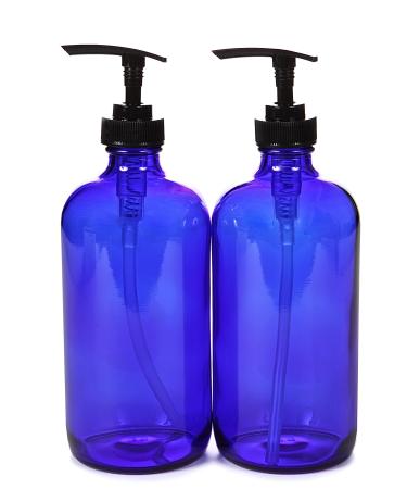Vivaplex 2 Large 16 oz Empty Cobalt Blue Glass Bottles with Black Lotion Pumps
