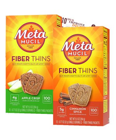 Metamucil Fiber Thins Fiber Supplement with Bleam Digestive Health Support Tip Card Psyllium Fiber Bars - 12CT Apple Crisp & 12CT Cinnamon Spice - Set Apple Crisp - Cinnamon Spice