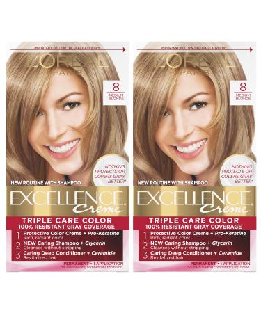 L'Oreal Paris Excellence Creme Permanent Hair Color  8 Medium Blonde  100 percent Gray Coverage Hair Dye  Pack of 2 2 Count (Pack of 1) 8 Medium Blonde