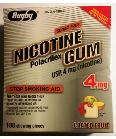 Rugby Nicotine Polacrilex Gum 4mg Stop Smoking Aid Sugar Free Coated Fruit Flavor 100 Pieces per Box